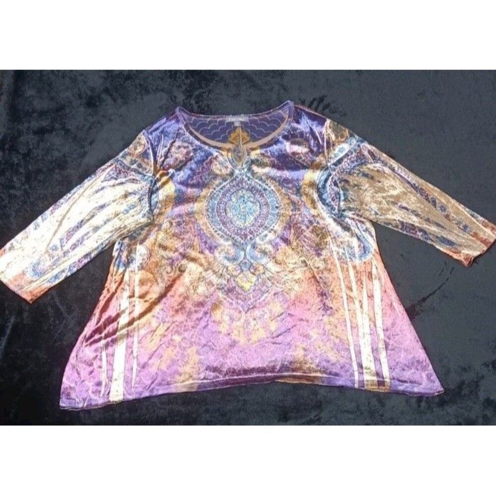Roz & Ali 3/4 Sleeve Metallic Velvet Blouse 1X Purple Whimsigoth Fairycore Boho
